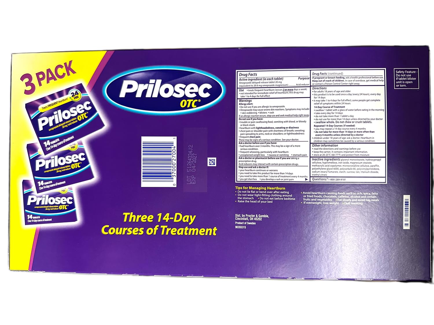 Prilosec OTC 3-pack box display, easy to stock for ongoing acid reduction.