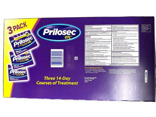 Prilosec OTC 3-pack box display, easy to stock for ongoing acid reduction.