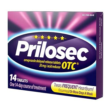 Prilosec OTC box and insert visual highlighting packaging and instructions.