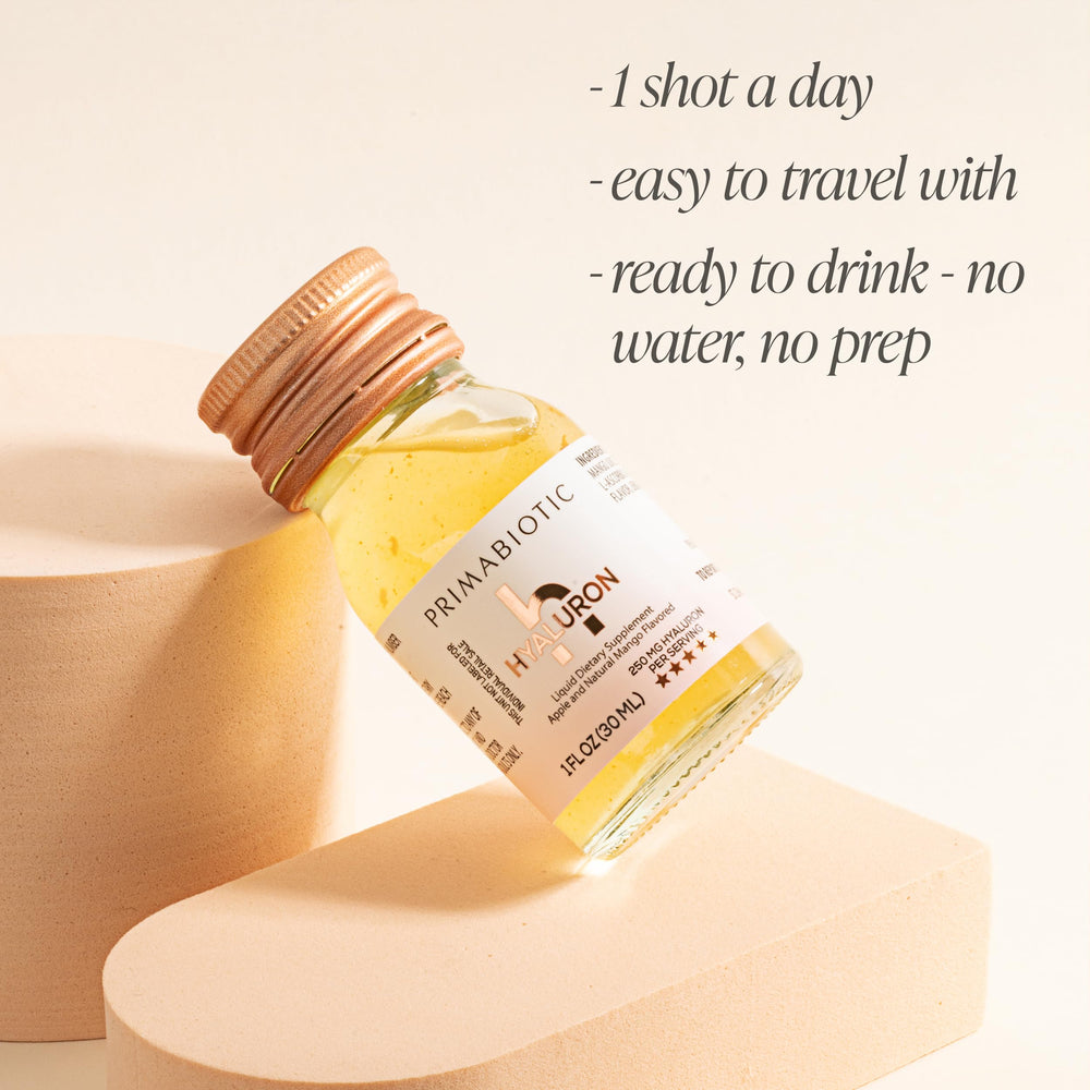 PRIMABIOTIC Hyaluronic Acid mango glass-setup showing refreshing hydration during routines.