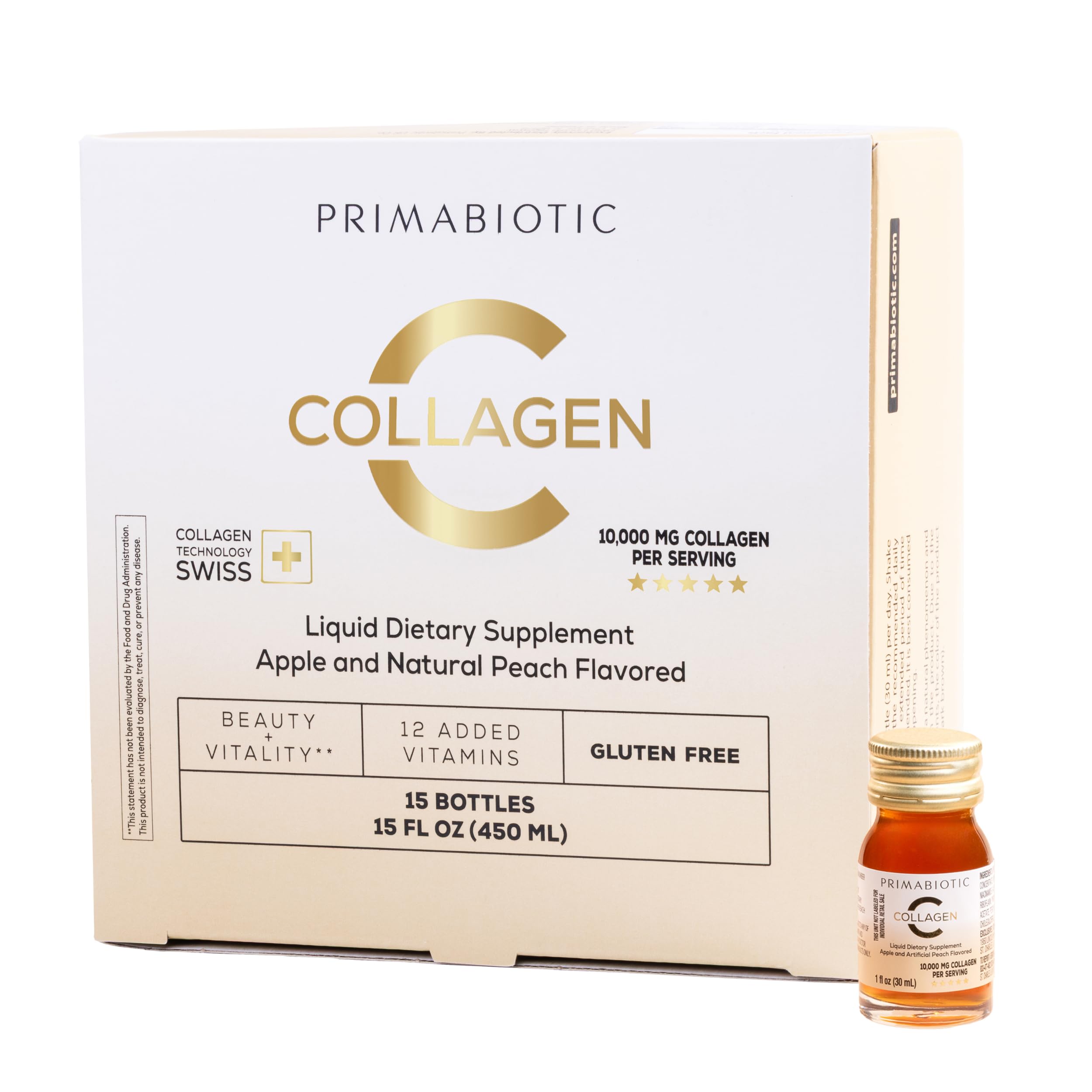 PRIMABIOTIC Liquid Collagen bottle pouring for daily routine.