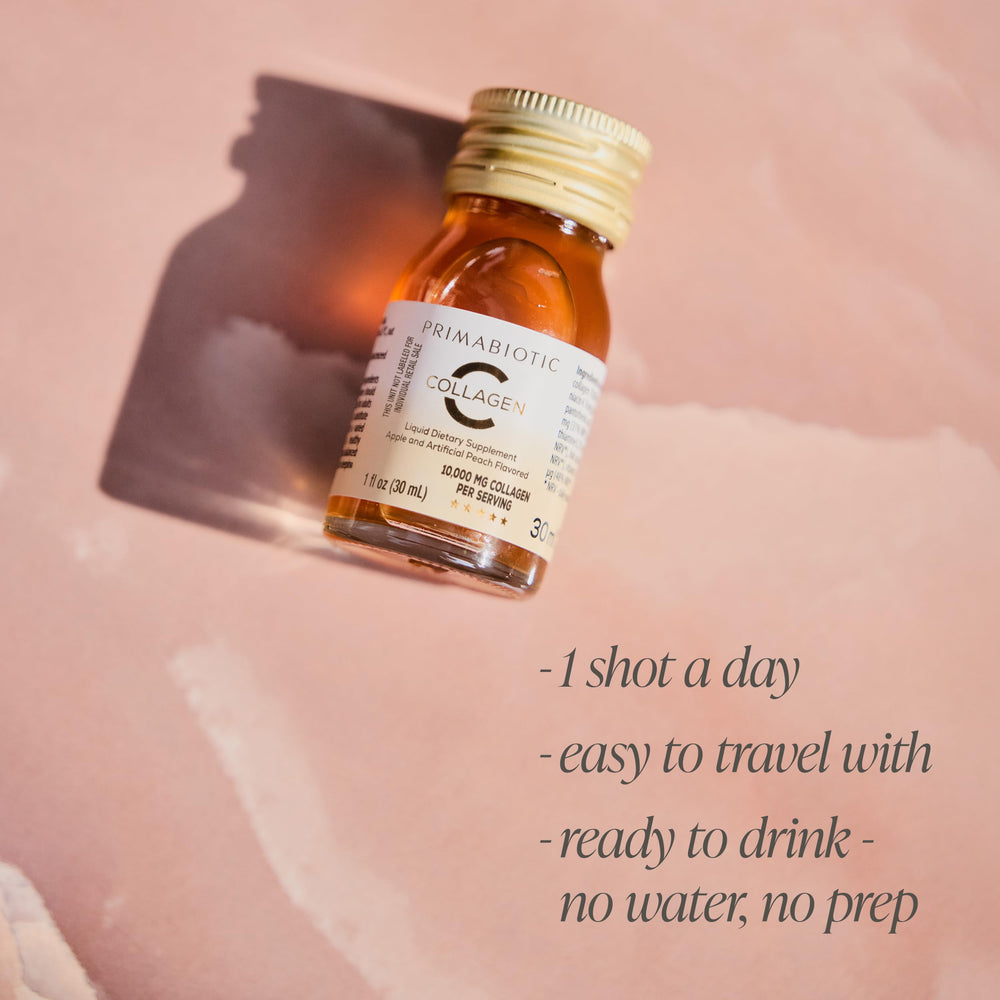 PRIMABIOTIC Liquid Collagen shot with apple peach lemon flavor.