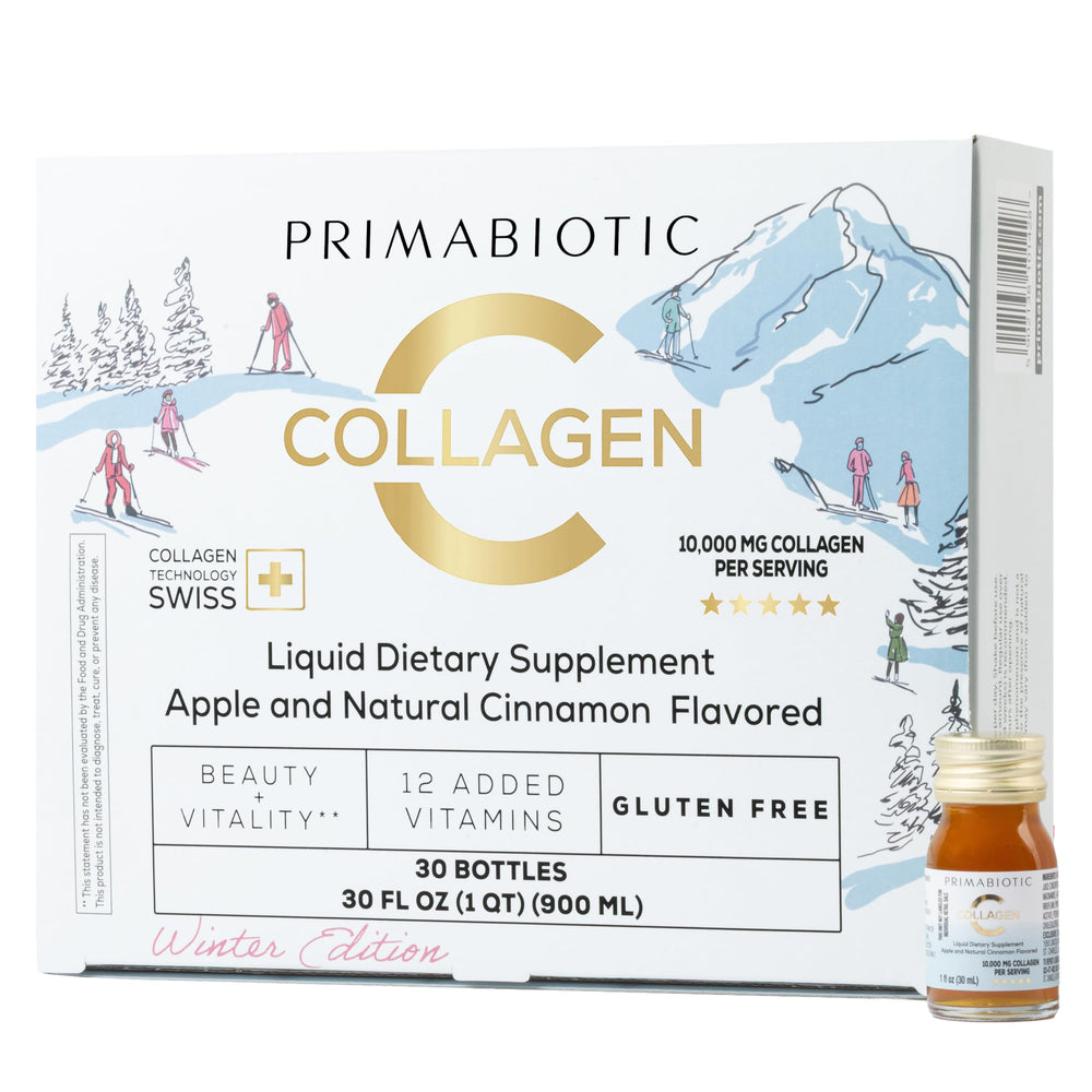 PRIMABIOTIC liquid collagen winter edition bottle being poured, highlighting high absorption for skin and joints.