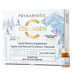 PRIMABIOTIC liquid collagen winter edition bottle being poured, highlighting high absorption for skin and joints.