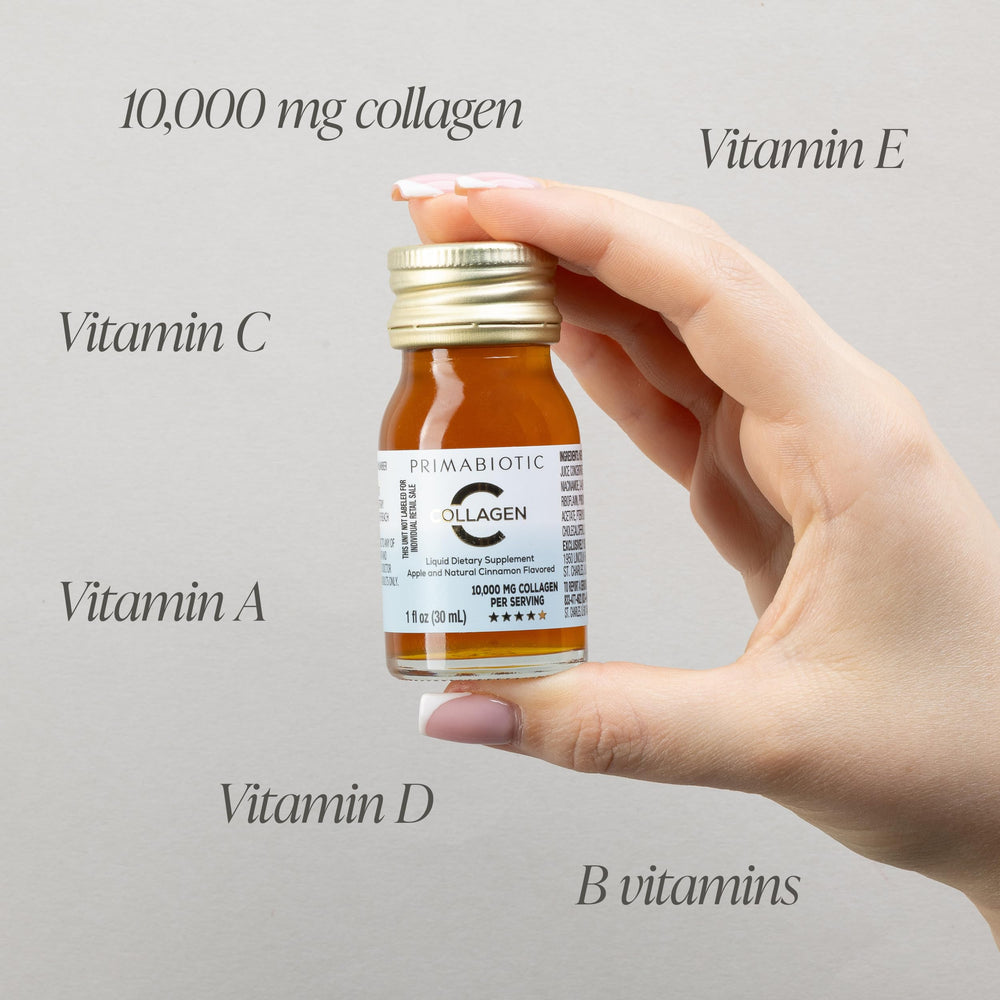 PRIMABIOTIC vitamin blend label close-up, showcasing added nutrients for skin and immune support.