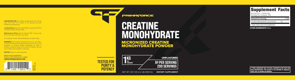Primaforce Creatine bottle highlighting gluten-free and non-GMO attributes