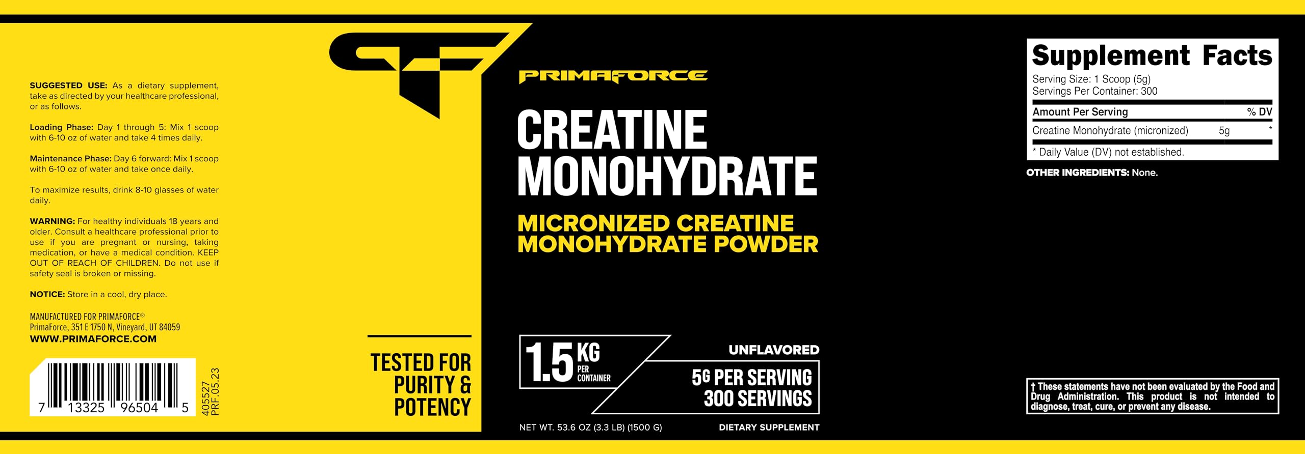 Primaforce Creatine Monohydrate 1.5 kg packaging on display for long-term use.