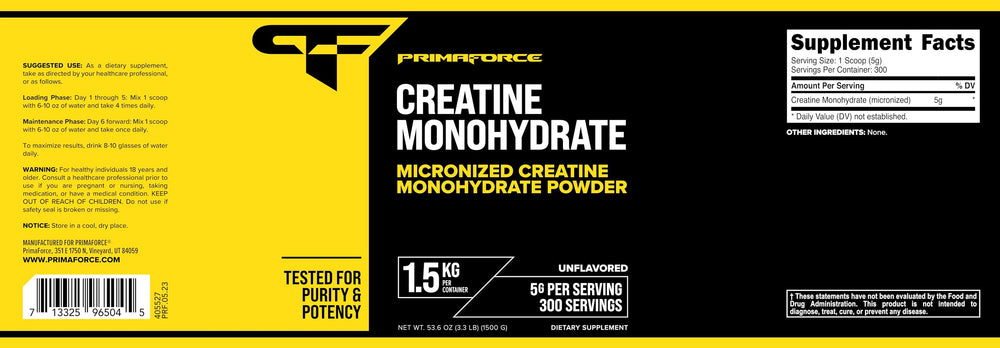 Primaforce Creatine Monohydrate 1.5 kg packaging on display for long-term use.