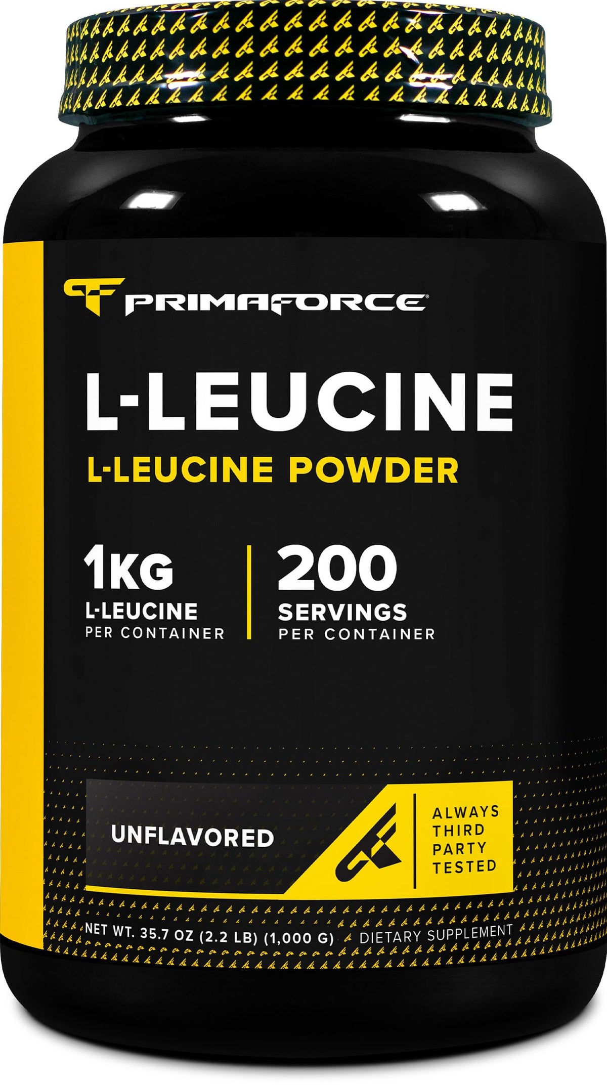 Primaforce L-Leucine powder jar, 1 kg bottle, gluten-free and non-GMO.