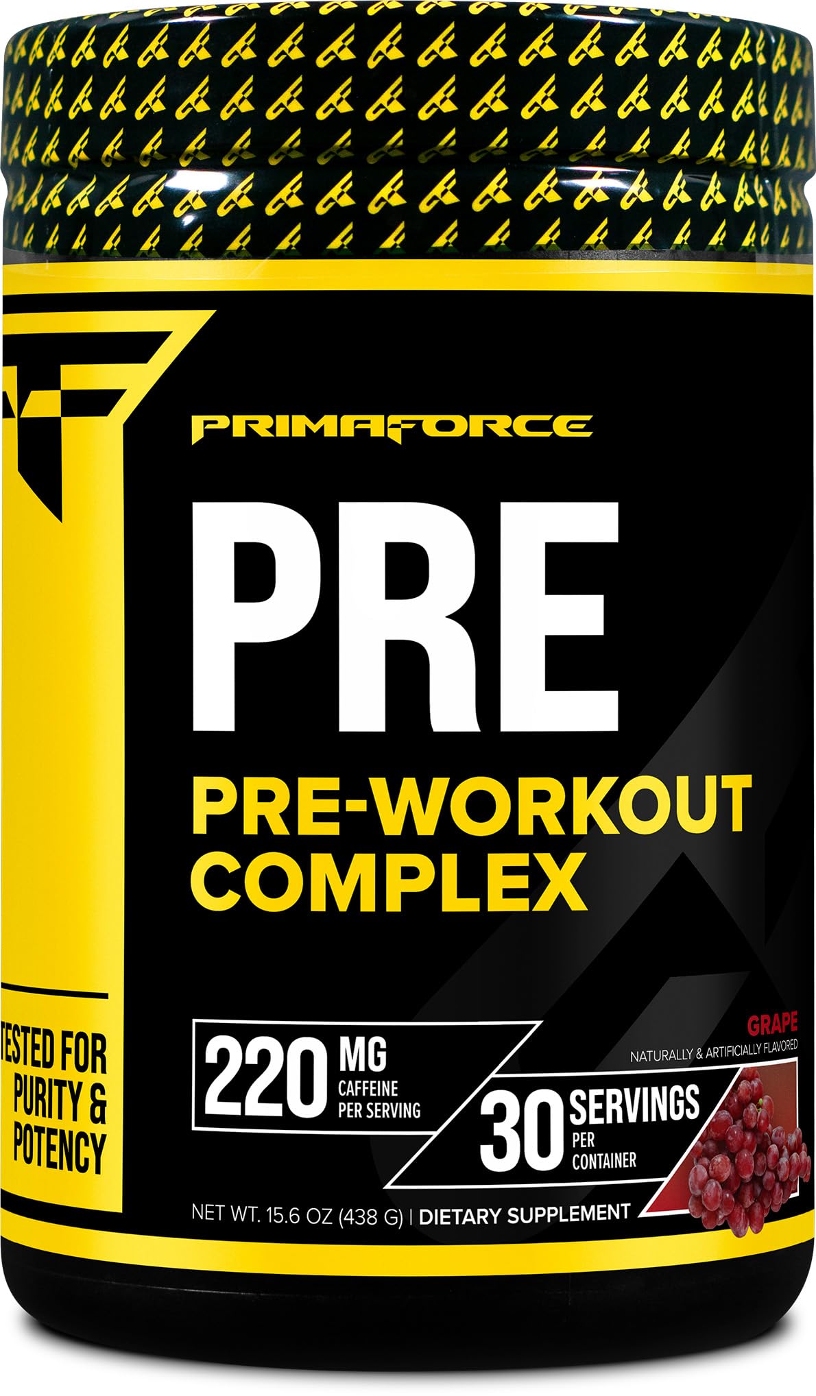 Primaforce Pre-Workout Complex grape bottle delivers focused training energy.
