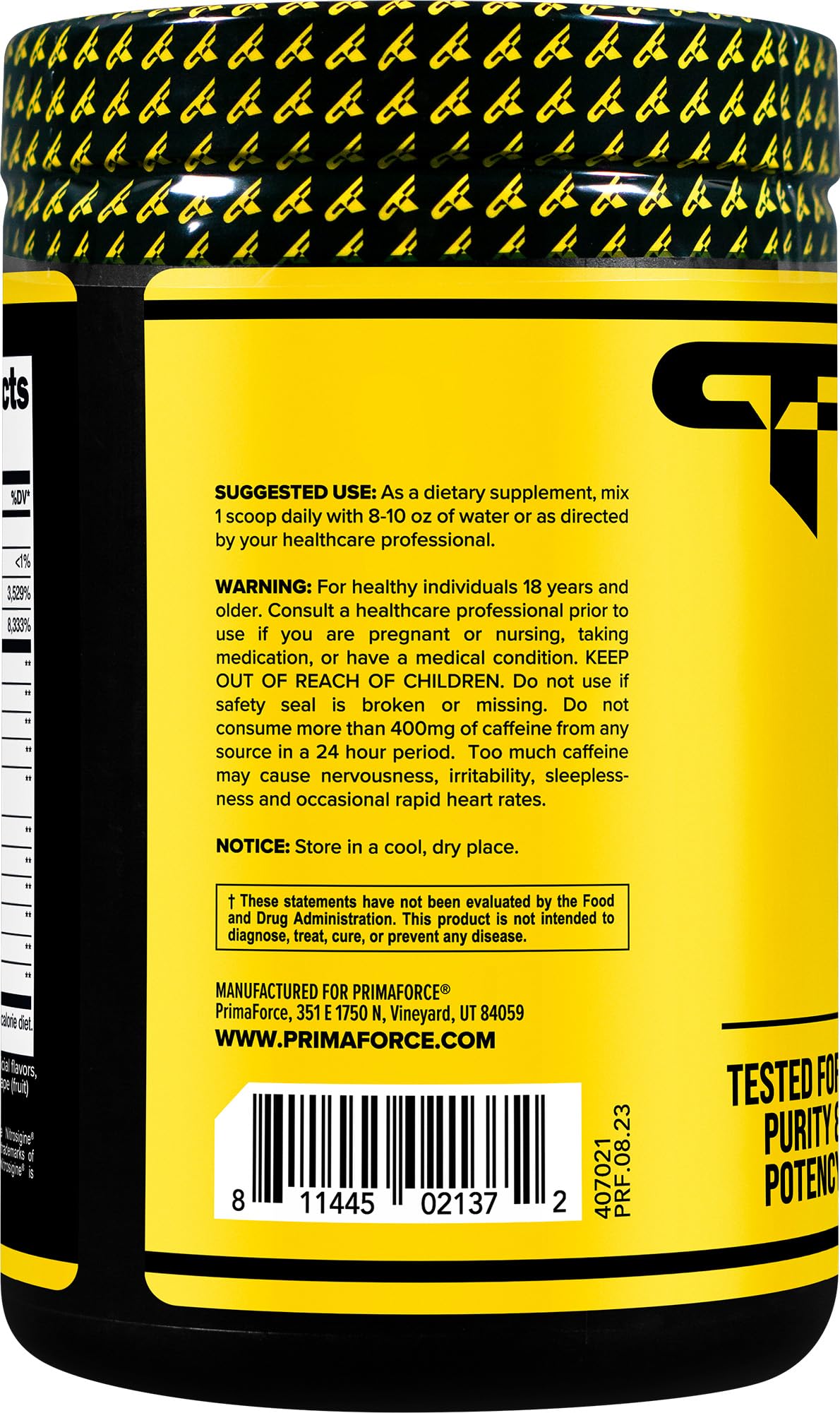 Primaforce Pre-Workout Complex grape label signals NSF-certified quality control.