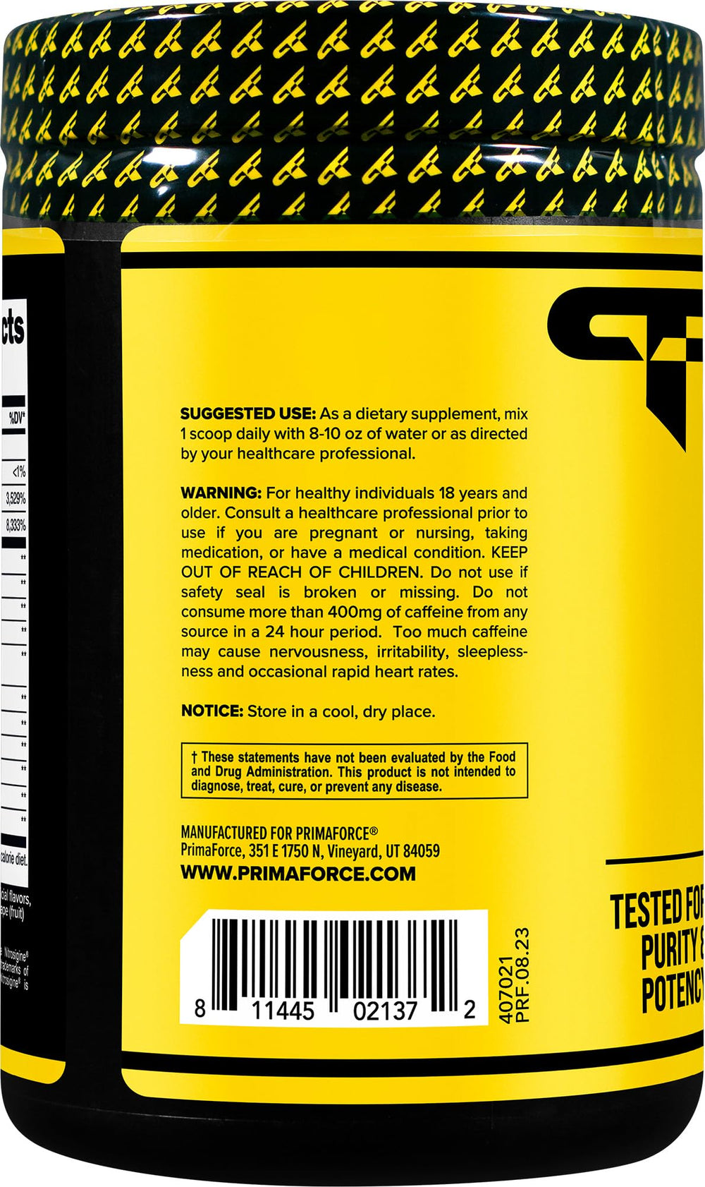 Primaforce Pre-Workout Complex grape label signals NSF-certified quality control.