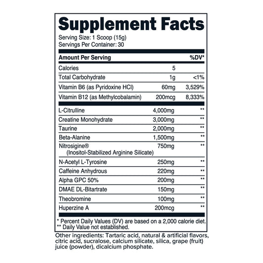 Primaforce Pre-Workout Complex grape scoop emphasizes fast mix and readiness.