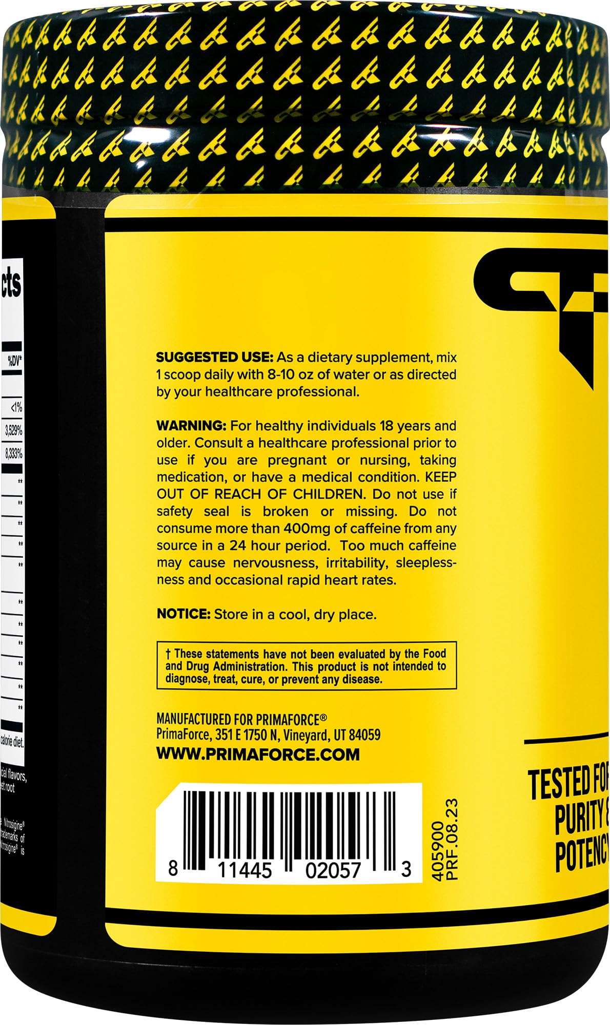 Primaforce Pre-Workout container shows non-GMO and gluten-free ingredients.