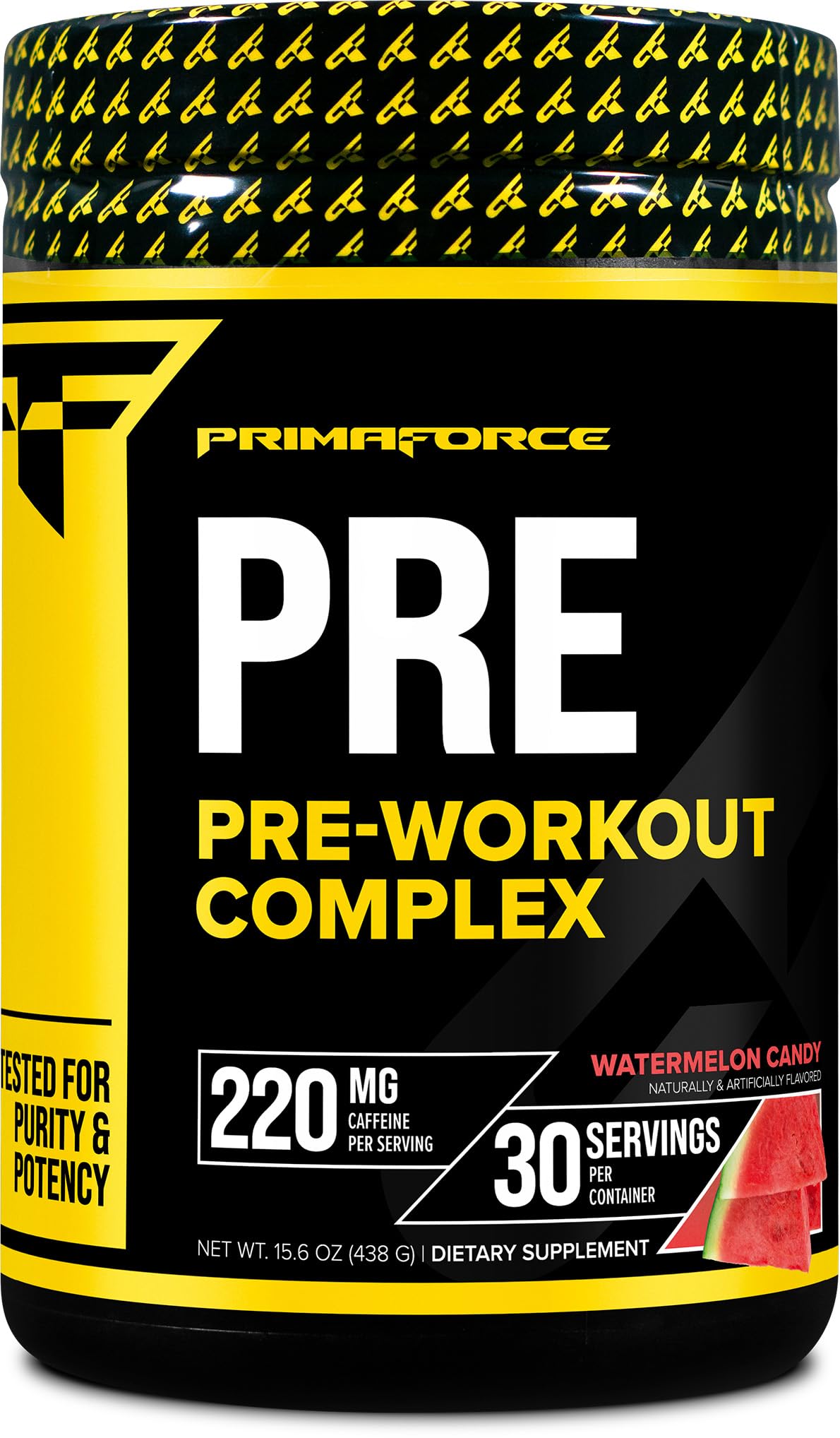 Primaforce Pre-Workout Watermelon Candy powder for quick energy during workouts.