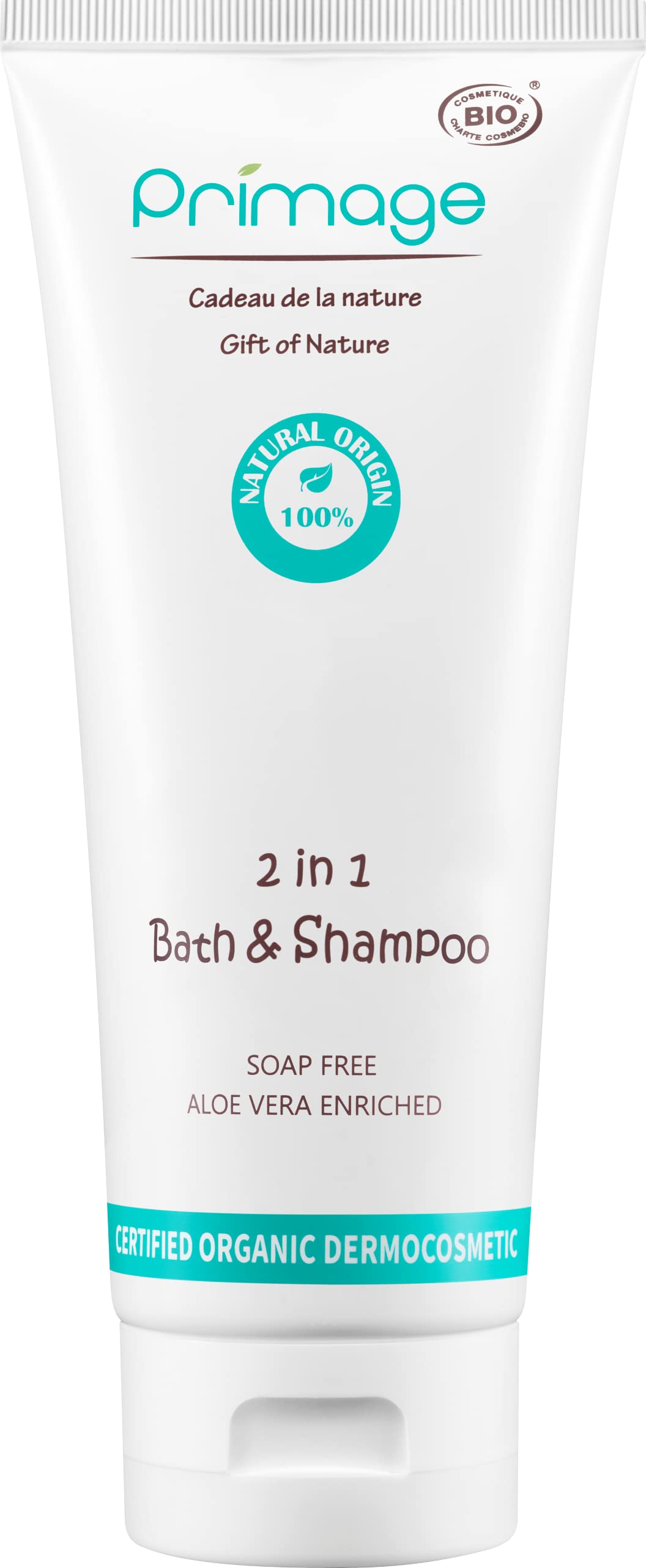 PRIMAGE 2 in 1 Bath & Shampoo bottle highlights tear-free, gentle cleansing for sensitive baby skin.
