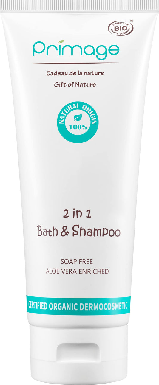 PRIMAGE 2 in 1 Bath & Shampoo bottle highlights tear-free, gentle cleansing for sensitive baby skin.