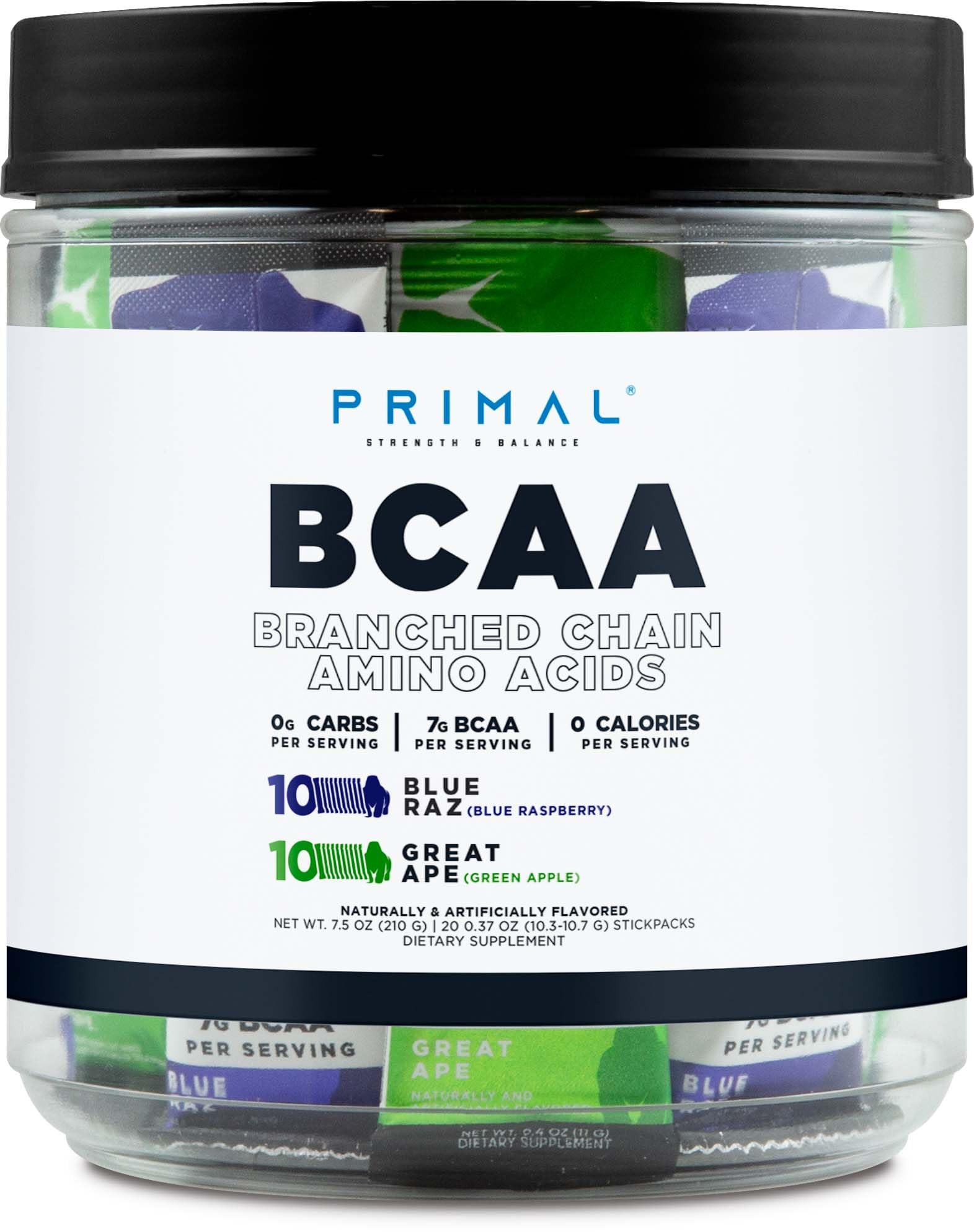 Primal BCAA Blue Raspberry stickpack close-up for a flavorful workout boost