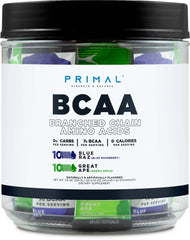 Primal BCAA Blue Raspberry stickpack close-up for a flavorful workout boost