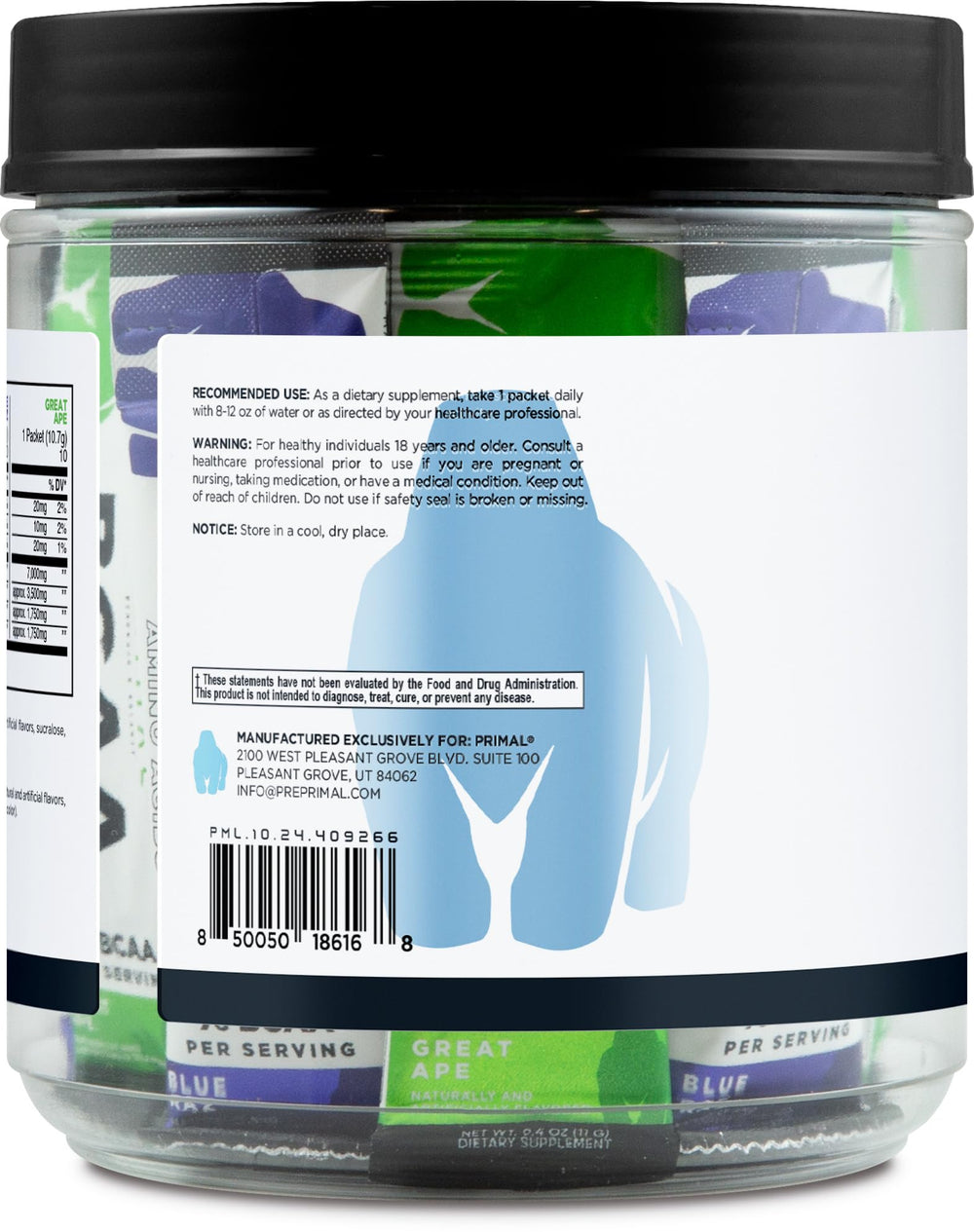 Primal BCAA label shows 7 g per serving for amino acid intake