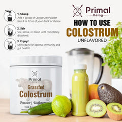 Primal Being colostrum powder packaging close-up showing quality.