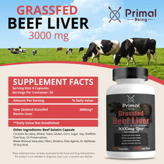 Primal Being freeze-dried liver capsules close-up, showcasing dense nutrient profile for daily vitality.