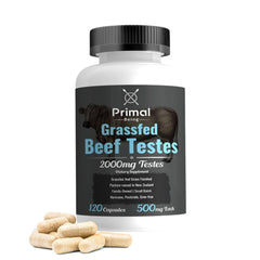Primal Being Grassfed Beef Testes Capsules bottle showcases premium NZ sourcing for natural wellness