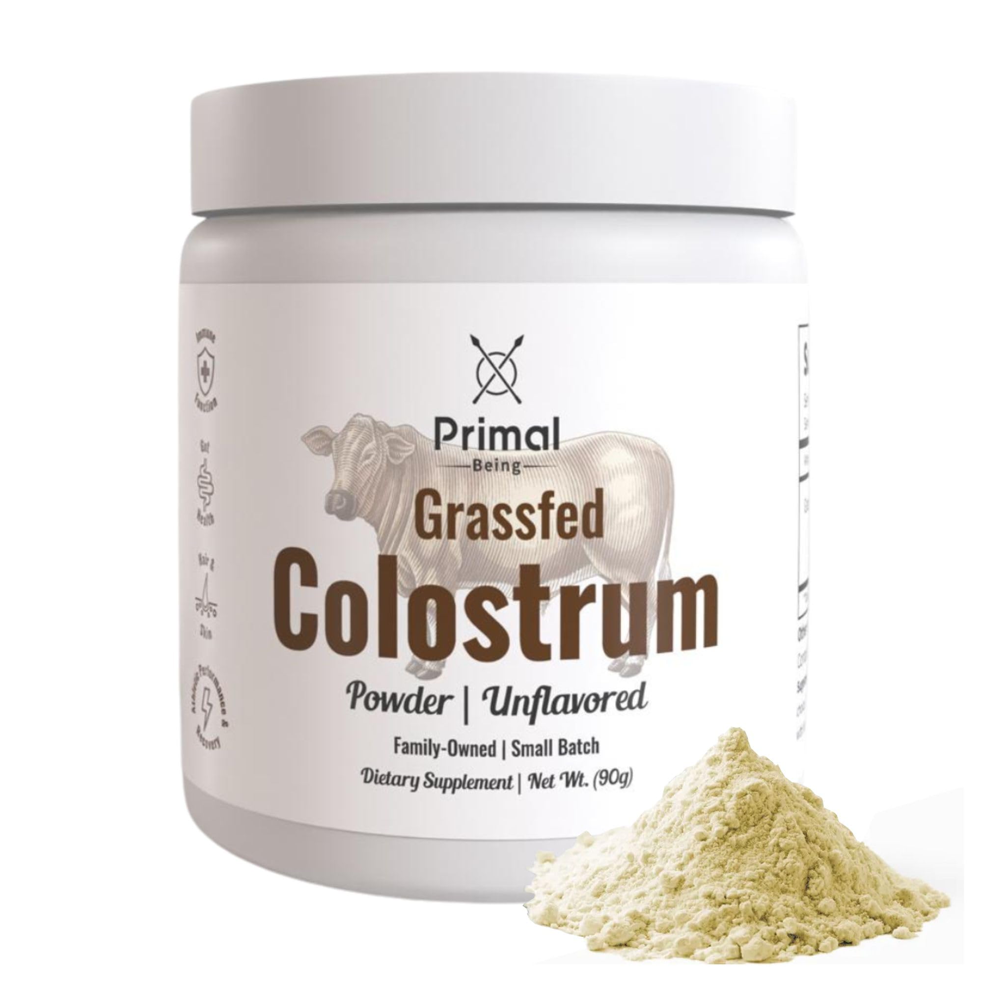 Primal Being grassfed colostrum powder bottle for easy daily immune support.