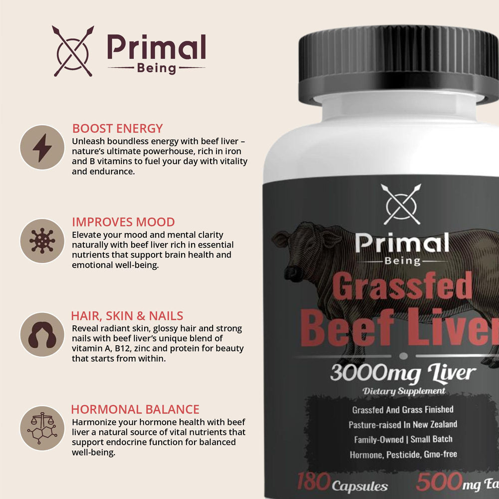 Primal Being packaging open bottle on table, ready for daily use.