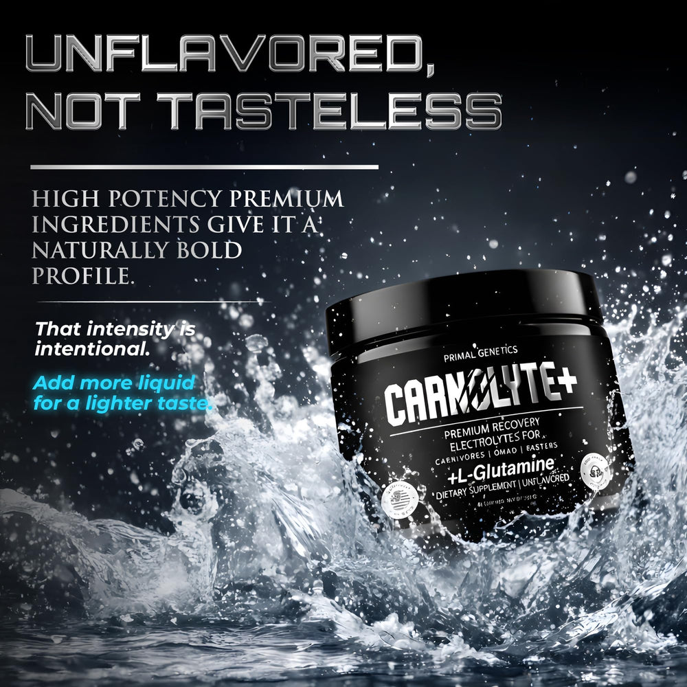 PRIMAL GENETICS Carnolyte+ bottle highlighting minerals like magnesium and potassium.