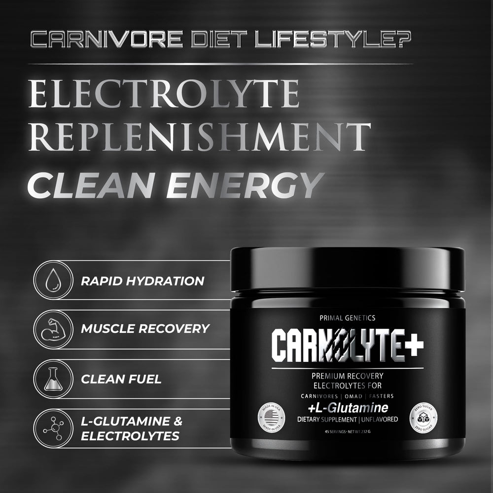 PRIMAL GENETICS Carnolyte+ glass of clear liquid and measurement marks.