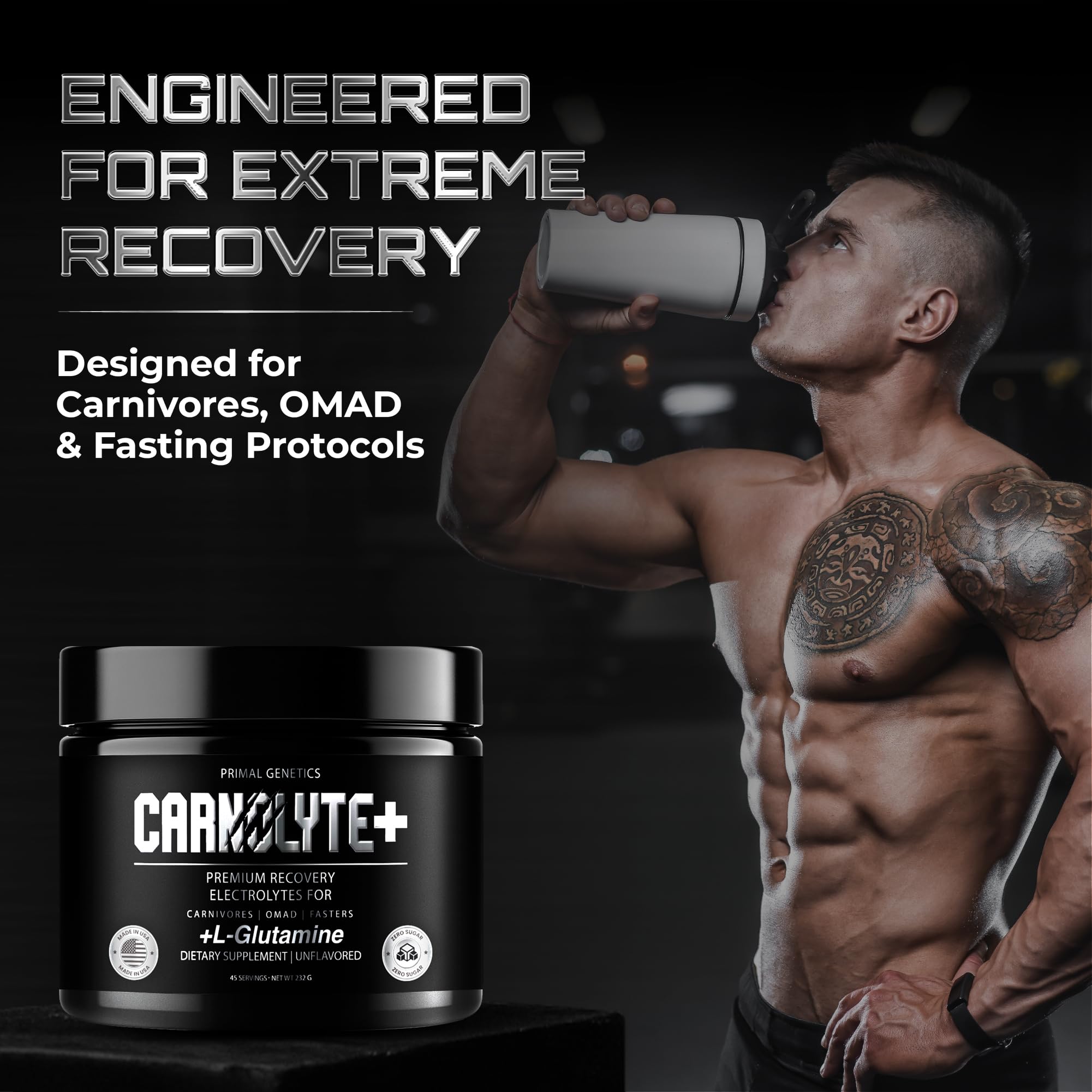 PRIMAL GENETICS Carnolyte+ mixed in water for quick electrolyte hydration.