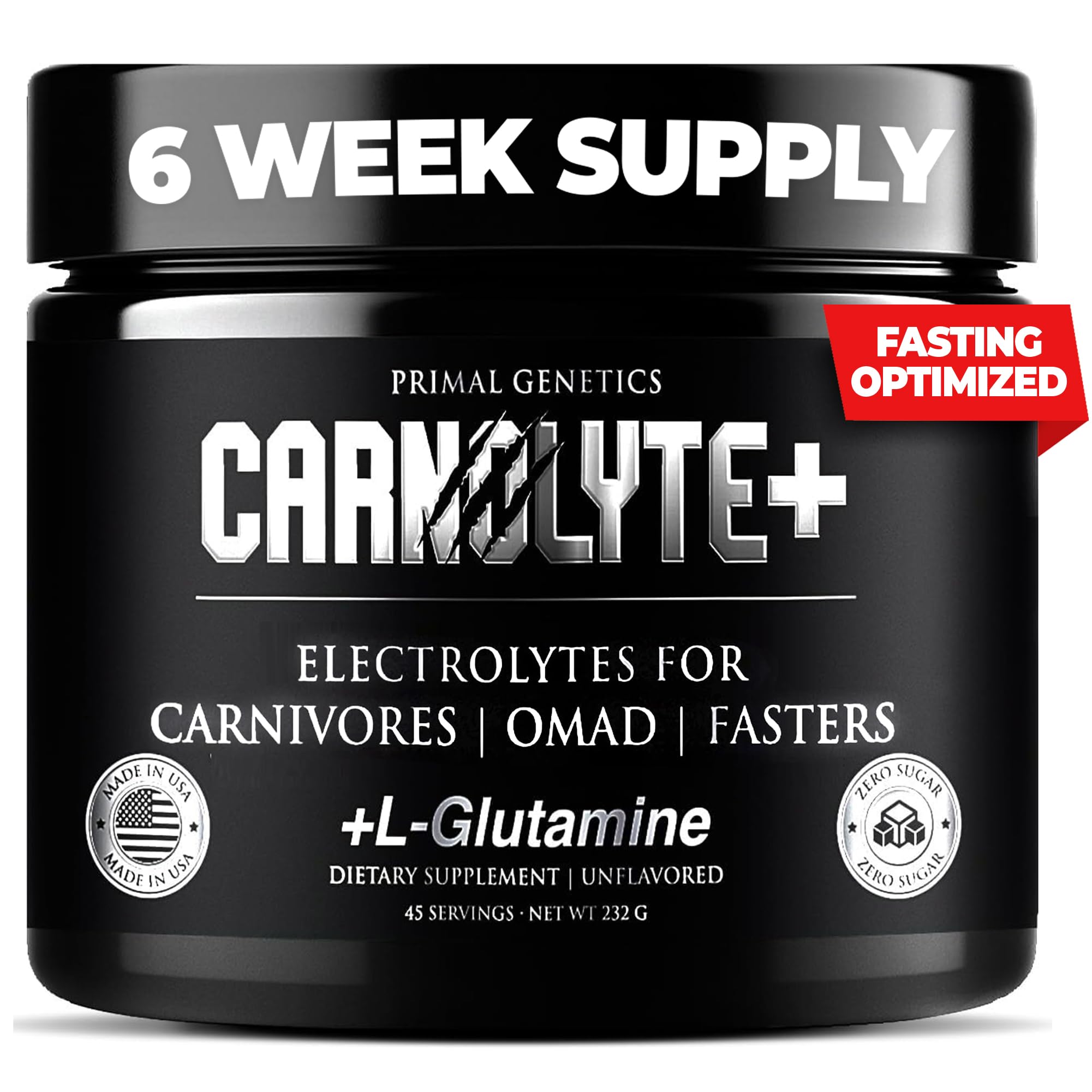 PRIMAL GENETICS Carnolyte+ powder with scoop ready to mix for hydration.