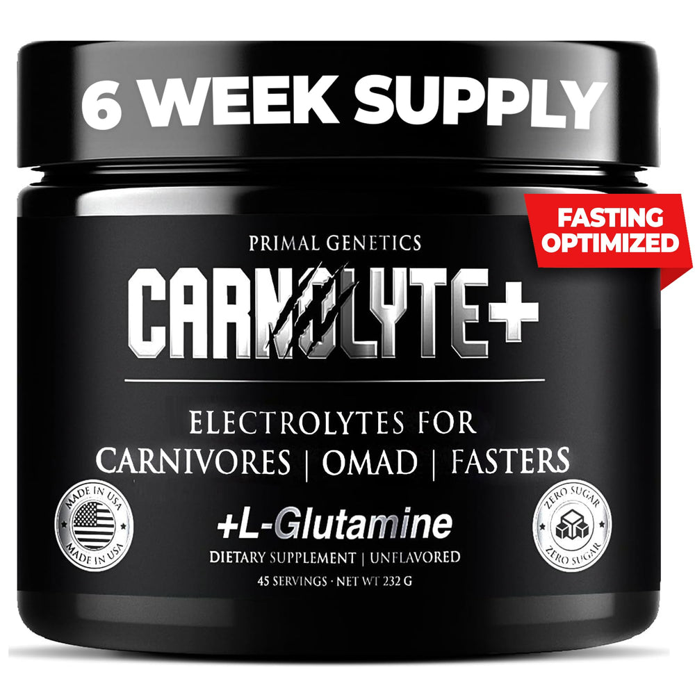 PRIMAL GENETICS Carnolyte+ powder with scoop ready to mix for hydration.