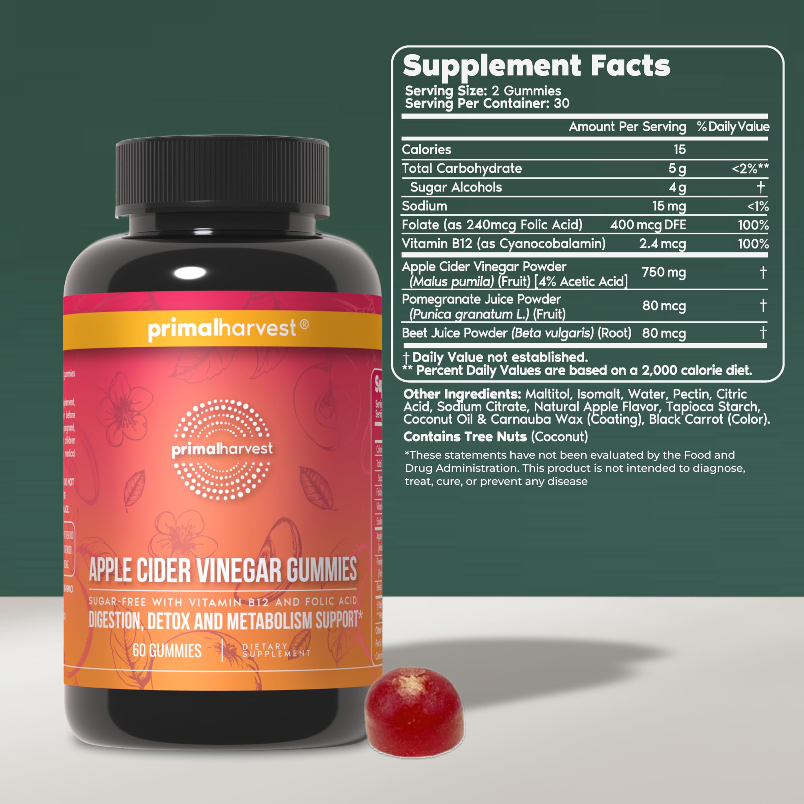 Primal Harvest ACV Gummies showing beetroot powder for digestion comfort