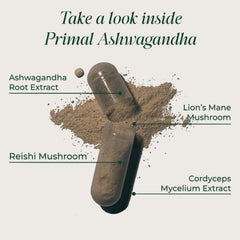 Primal Harvest label highlighting five-mushroom blend and 60-day supply