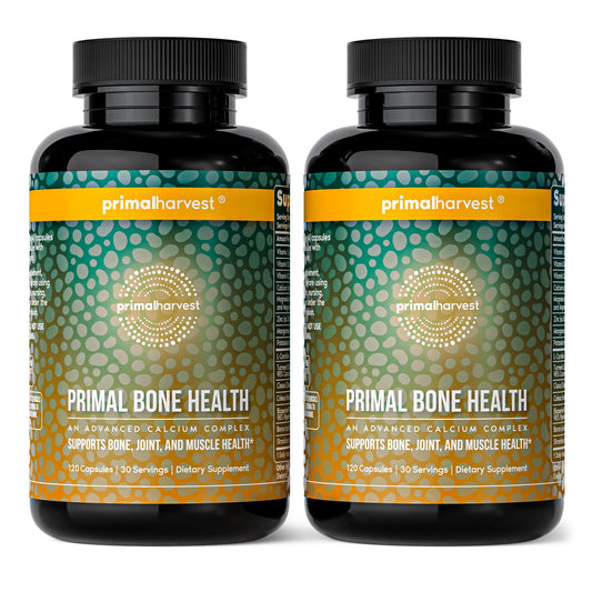 Primal Harvest bone health calcium bottle with capsules for daily support.