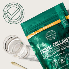 Primal Harvest collagen powder on hair and nails visual, illustrating beauty-supporting potential.