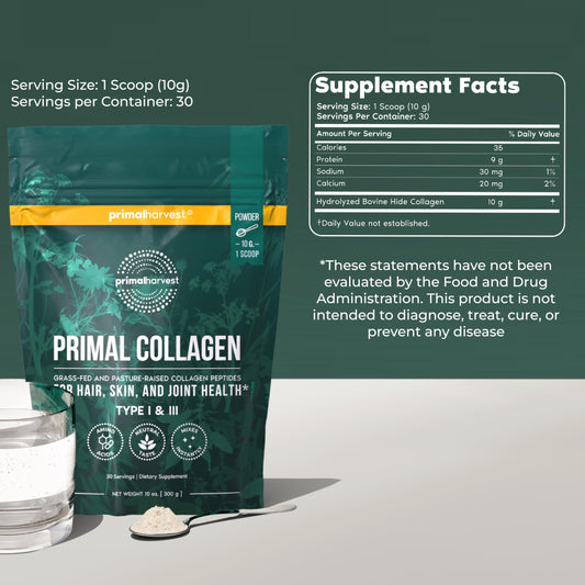 Primal Harvest Collagen Powder bottle back showing ingredients and purity