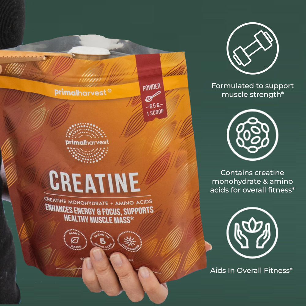 Primal Harvest Creatine Powder packaging in compact box for storage and travel.