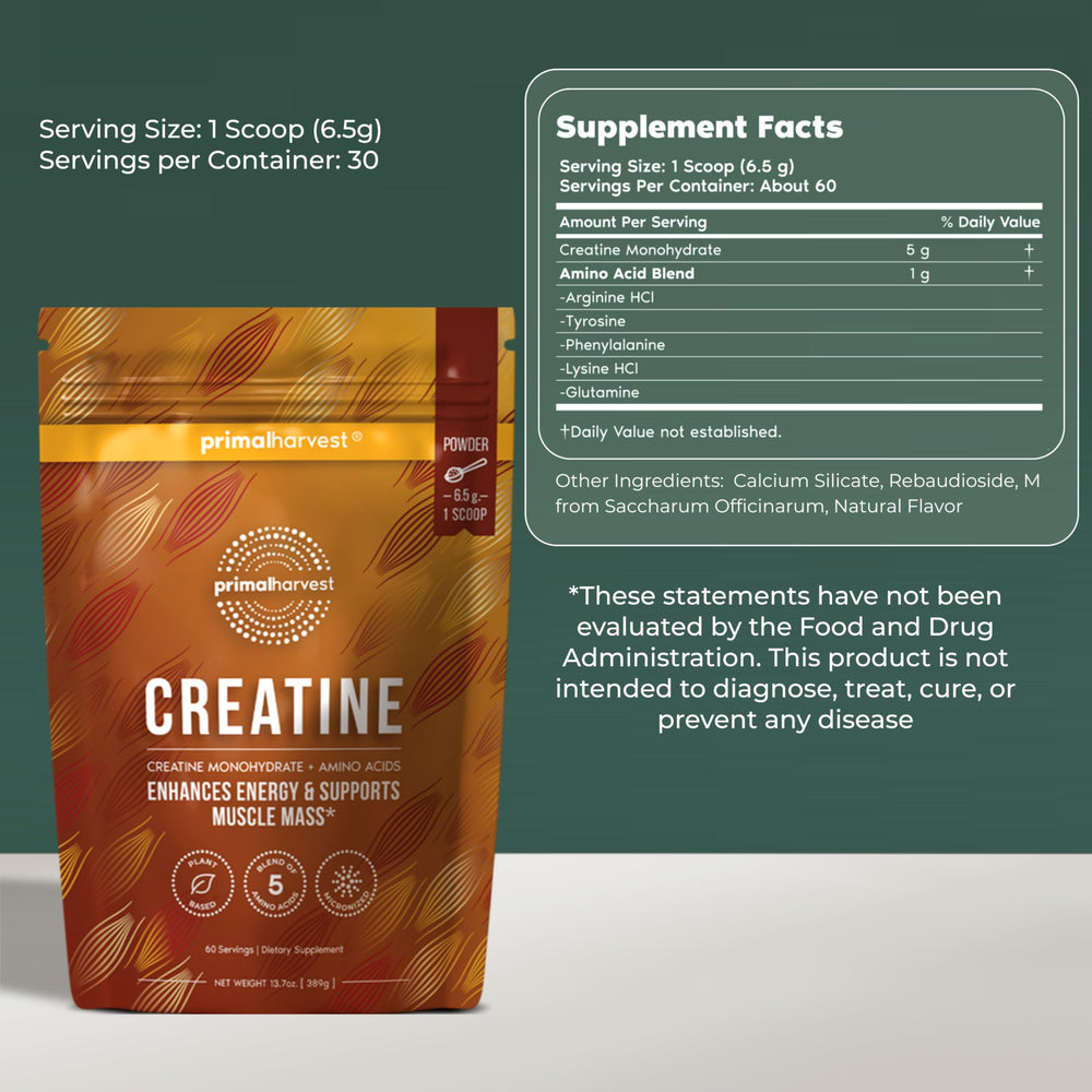 Primal Harvest Creatine Powder scoop showing precise 5g serving for strength gains.