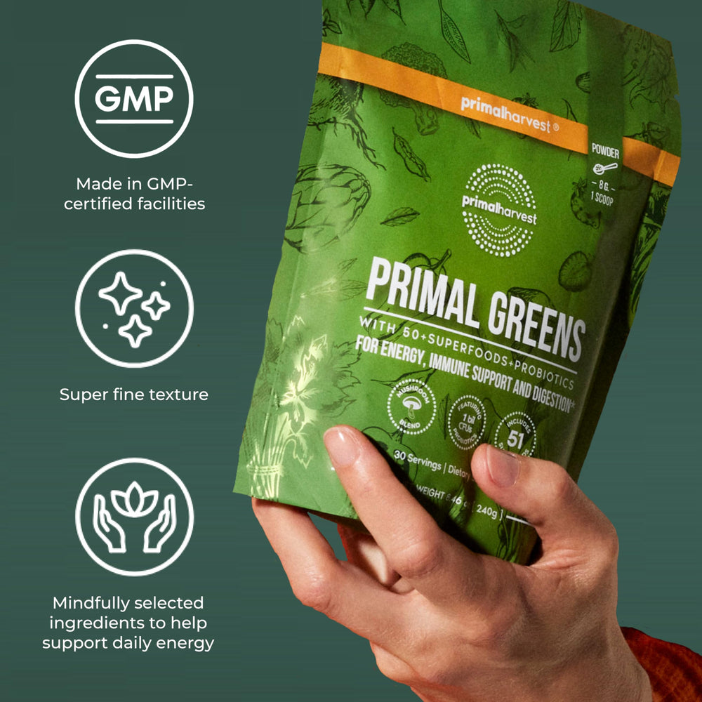 Primal Harvest dairy-free gluten-free label emphasizing allergen-free formulation.