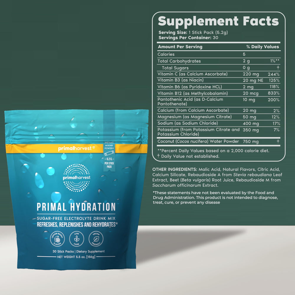 Primal Harvest electrolytes easy-open packet simplifies quick hydration anywhere