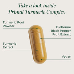 Primal Harvest bottle beside a glass of water for easy consumption.