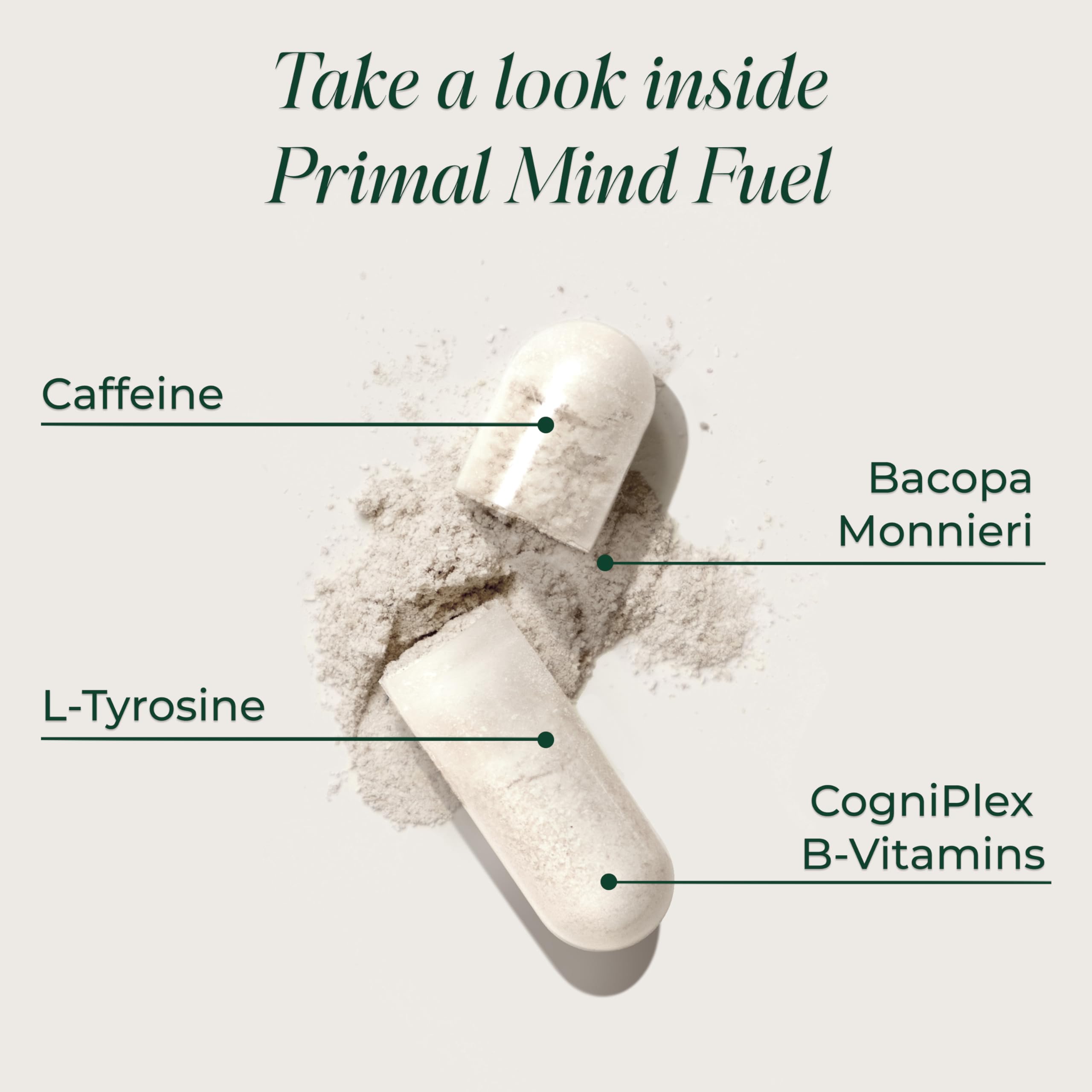 Label detail showing Bacopa Monnieri and Huperzine A ingredients in Primal Mind Fuel.