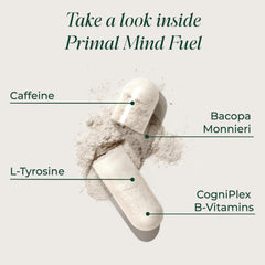 Label detail showing Bacopa Monnieri and Huperzine A ingredients in Primal Mind Fuel.