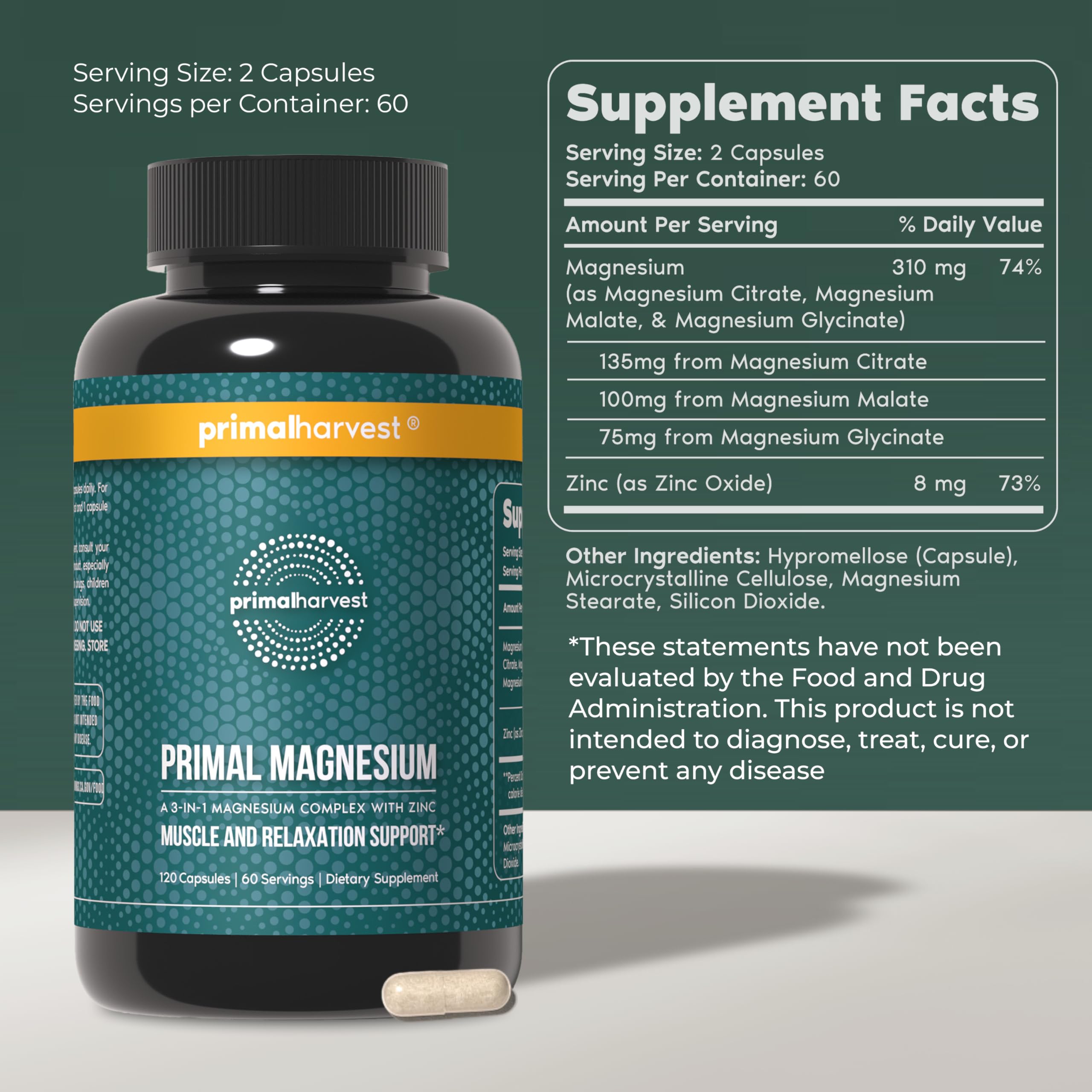 Primal Harvest magnesium capsules closeup highlighting easy-to-swallow form for post-workout recovery.