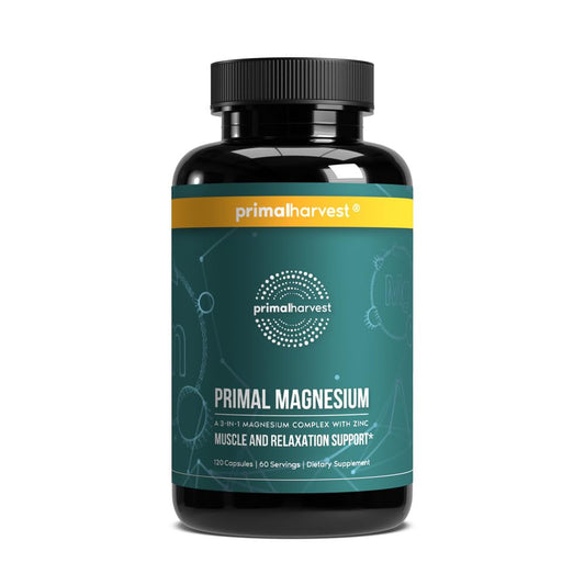 Primal Harvest magnesium supplement bottle on a counter suggests daily support for muscle function and energy.