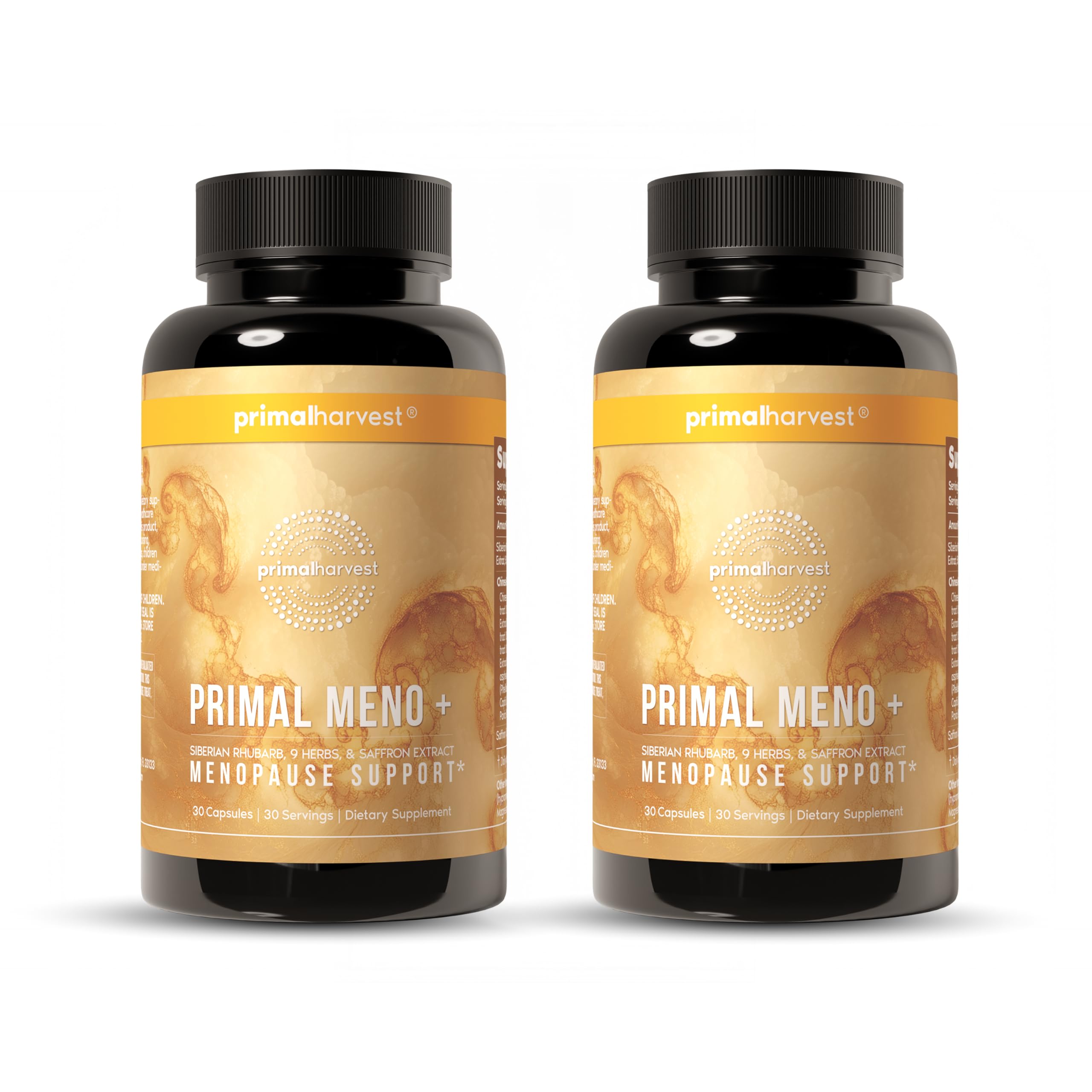 Primal Harvest Meno+ bottle front promotes daily menopause support and well-being