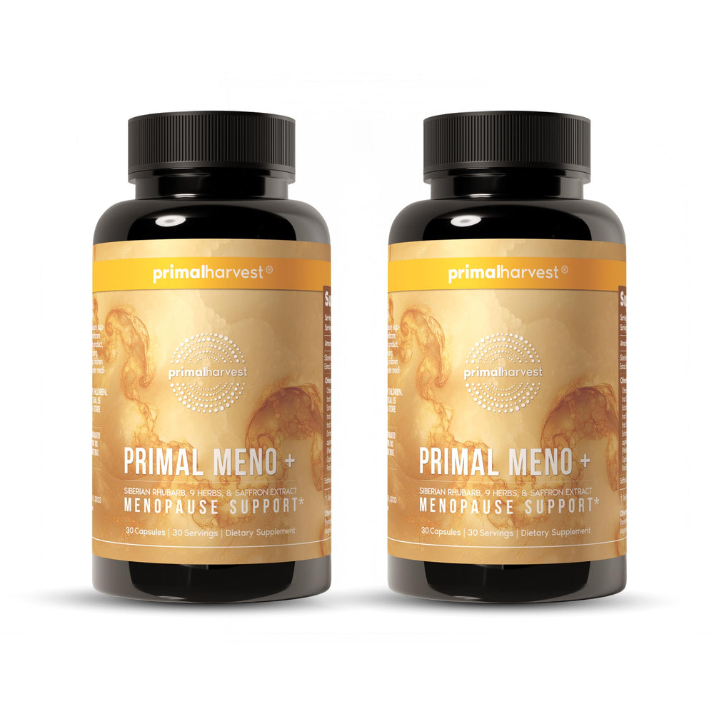Primal Harvest Meno+ bottle front promotes daily menopause support and well-being